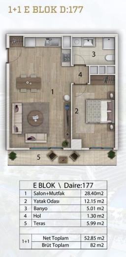 1+1 Konut Planı