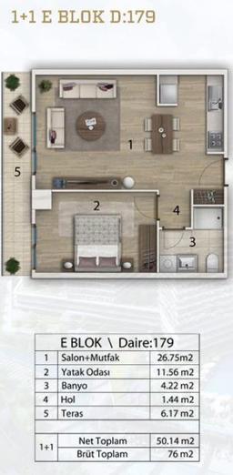 1+1 Konut Planı