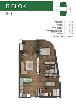 2+1 Konut Planı