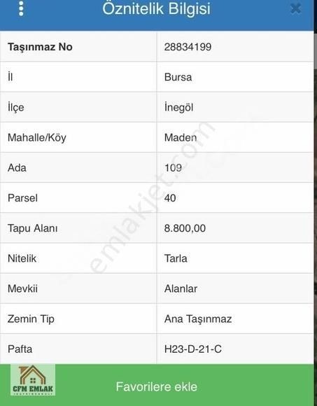 İnegöl Madenköy Satılık Tarla İNEGÖL-MADEN KÖYÜNDE 8.800 M2 SATILIK TARLA