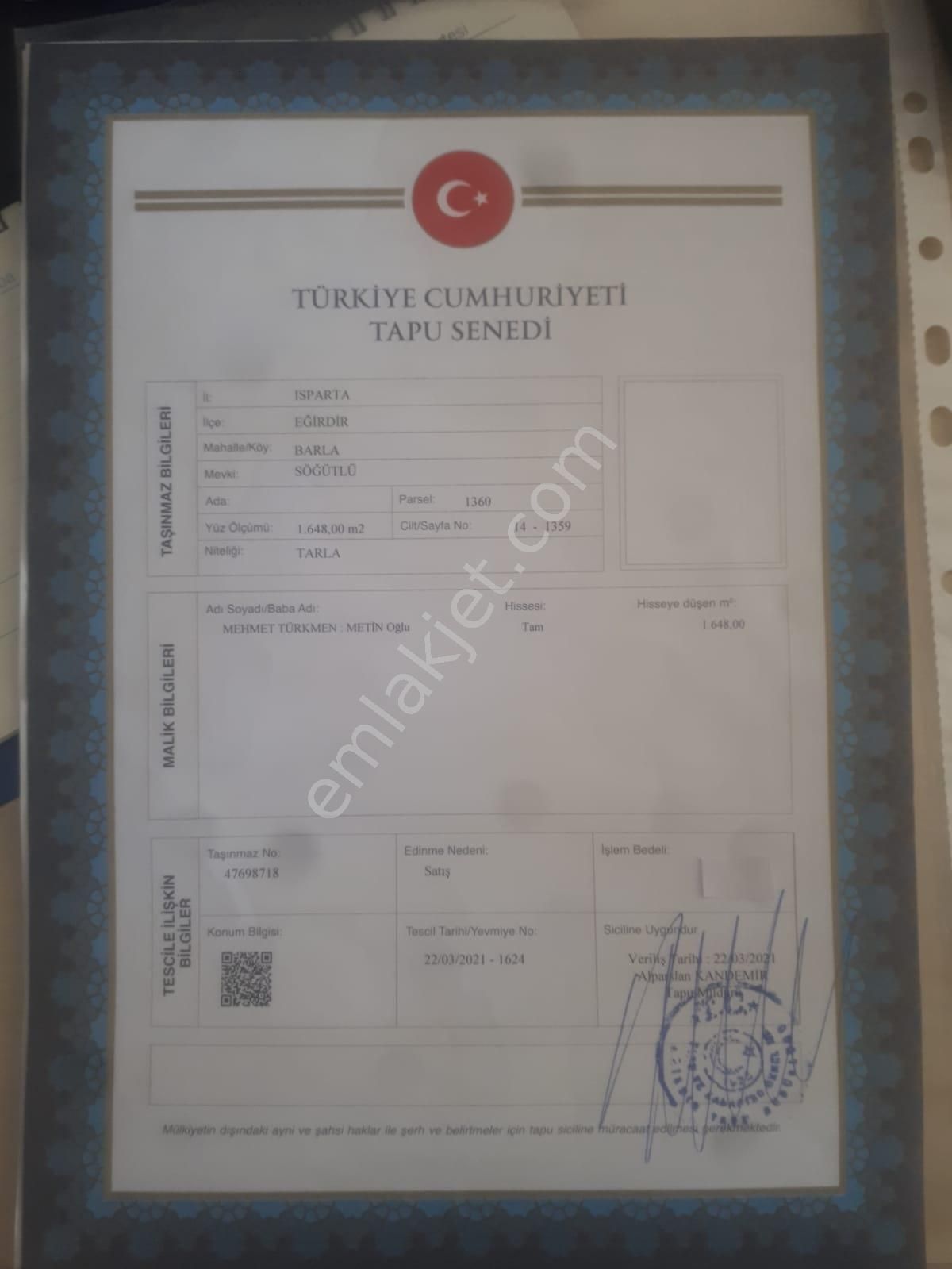 Sahibinden Muhteşem Göl Manzaralı Tarla