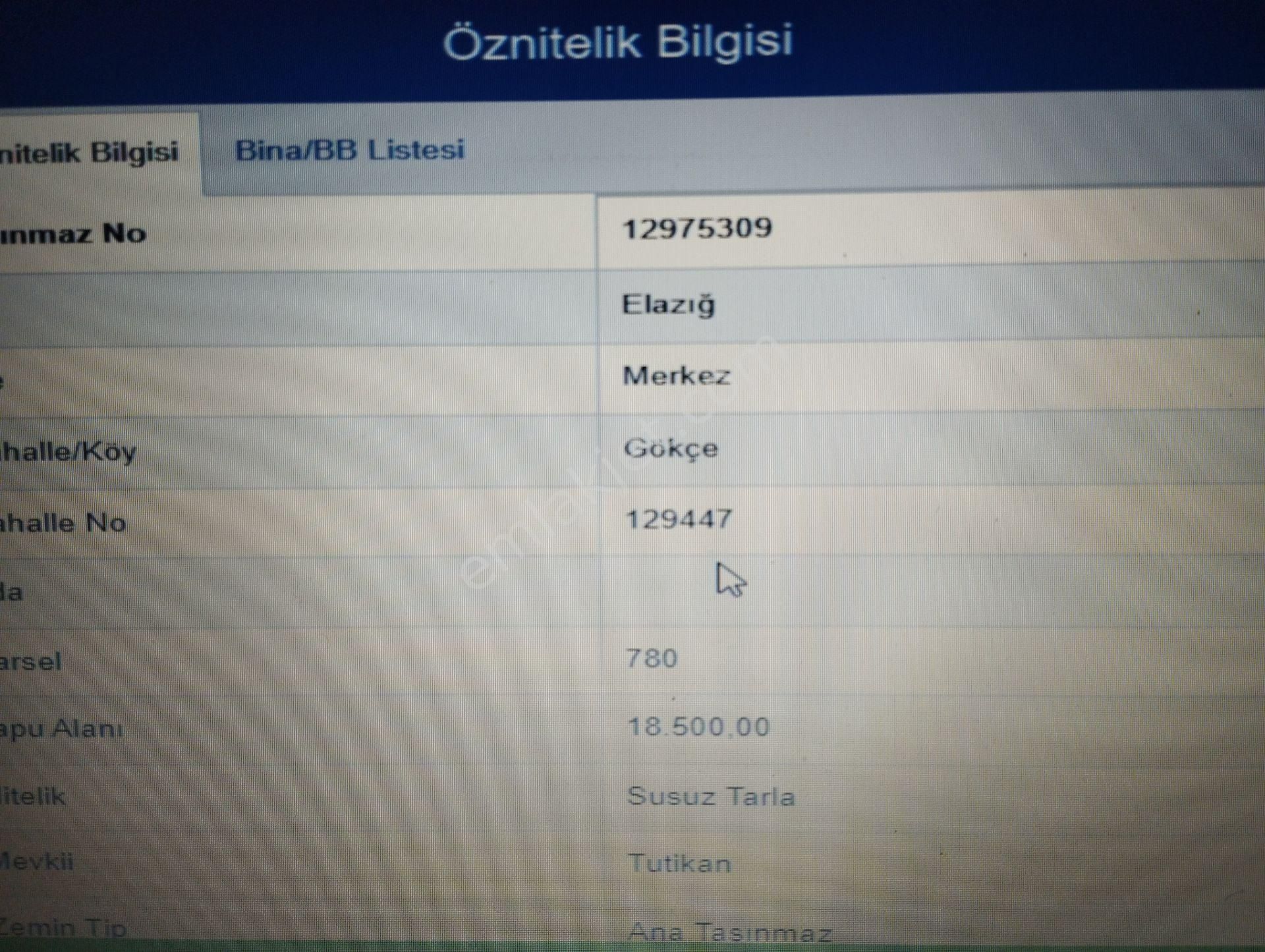 Elazığ Merkez Gökçe Köyü (Yıldız) Satılık Tarla  ALİHAN G.M.DEN  GÖKÇE KÖYÜ  ÇİFTLİK RUHSATLI   SATILIK TARLA