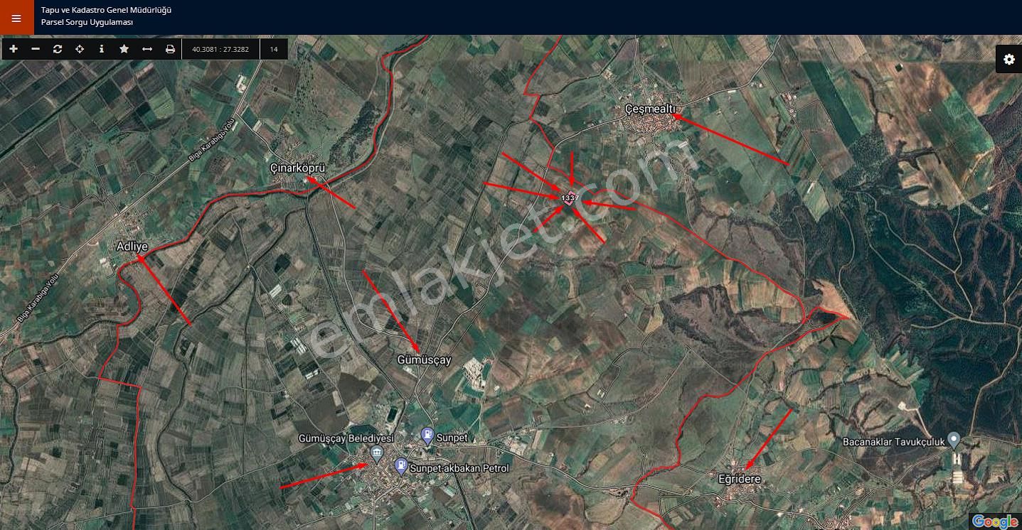 Biga Gümüşçay Bld. (İğdelik) Satılık Tarla Çanakkale/Biga Gümüşçay Köyü 6.733+7.800=14.533m2 Tarla, Deniz Manzaralı