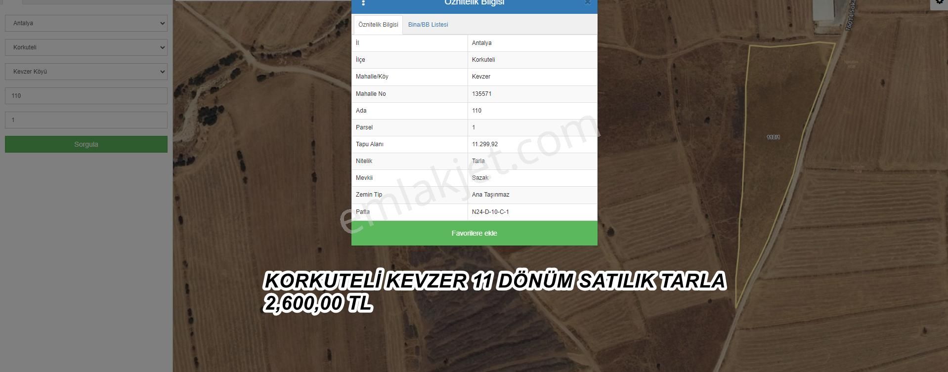 Korkuteli Kevzer Satılık Tarla  ANTALYA KORKUTELİ KEVZER KÖYÜ SATILIK TARLA LAR