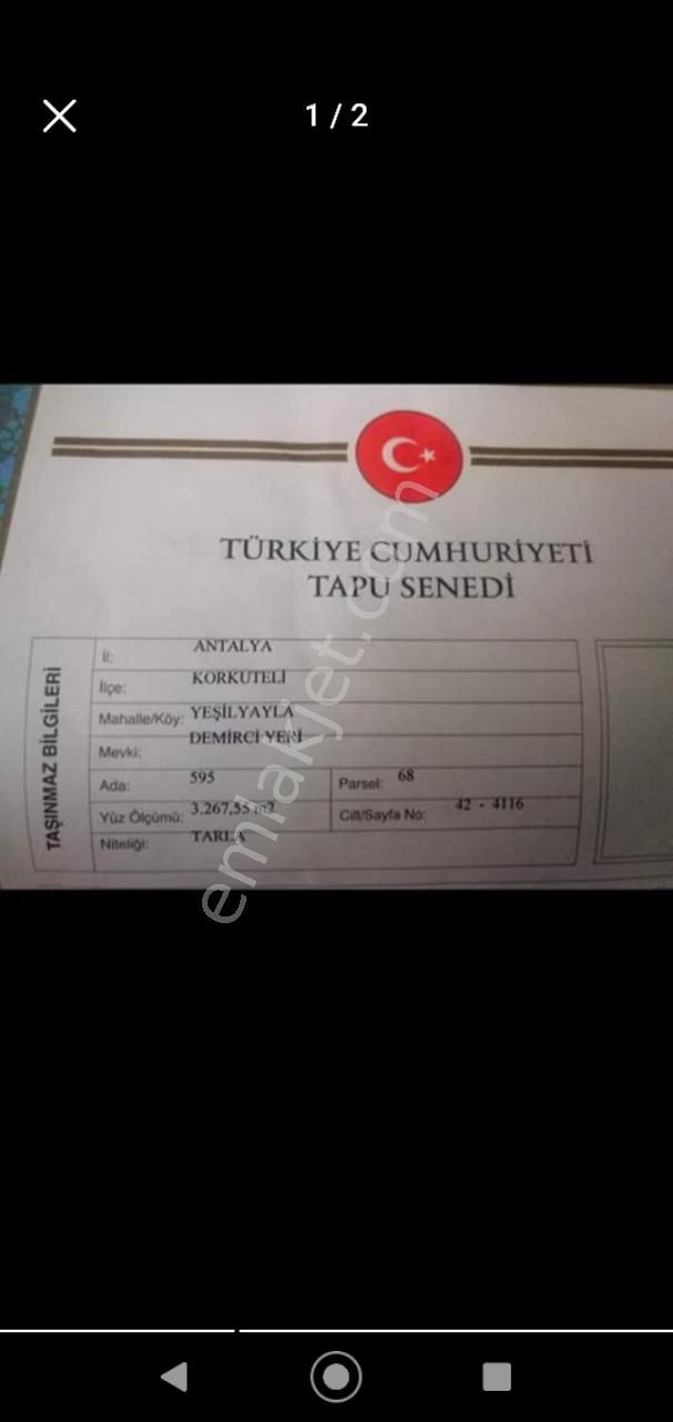 Korkuteli Yeşilyayla Satılık Tarla SAHİBİNDEN SATILIK