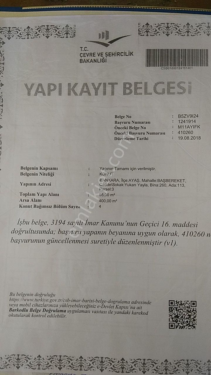 Ayaş Başbereket Satılık Bağ & Bahçe Çıtırık'tan Başberekette Yapı Kayıt Belgeli 400m2 1+1 Ev Bahçe Özel İmar İçin Evrakları Verildi