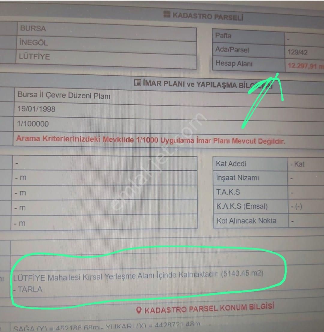 İnegöl Lütfiye Köyünde 5140m2 Köy İmarında Kalan 12297m2 Arazi Satılıktır - Görsel 3