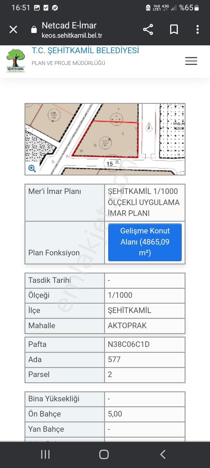 Şehitkamil Nesimi Satılık Konut İmarlı  Aktoprak da Satılık A5 Konut Arsası