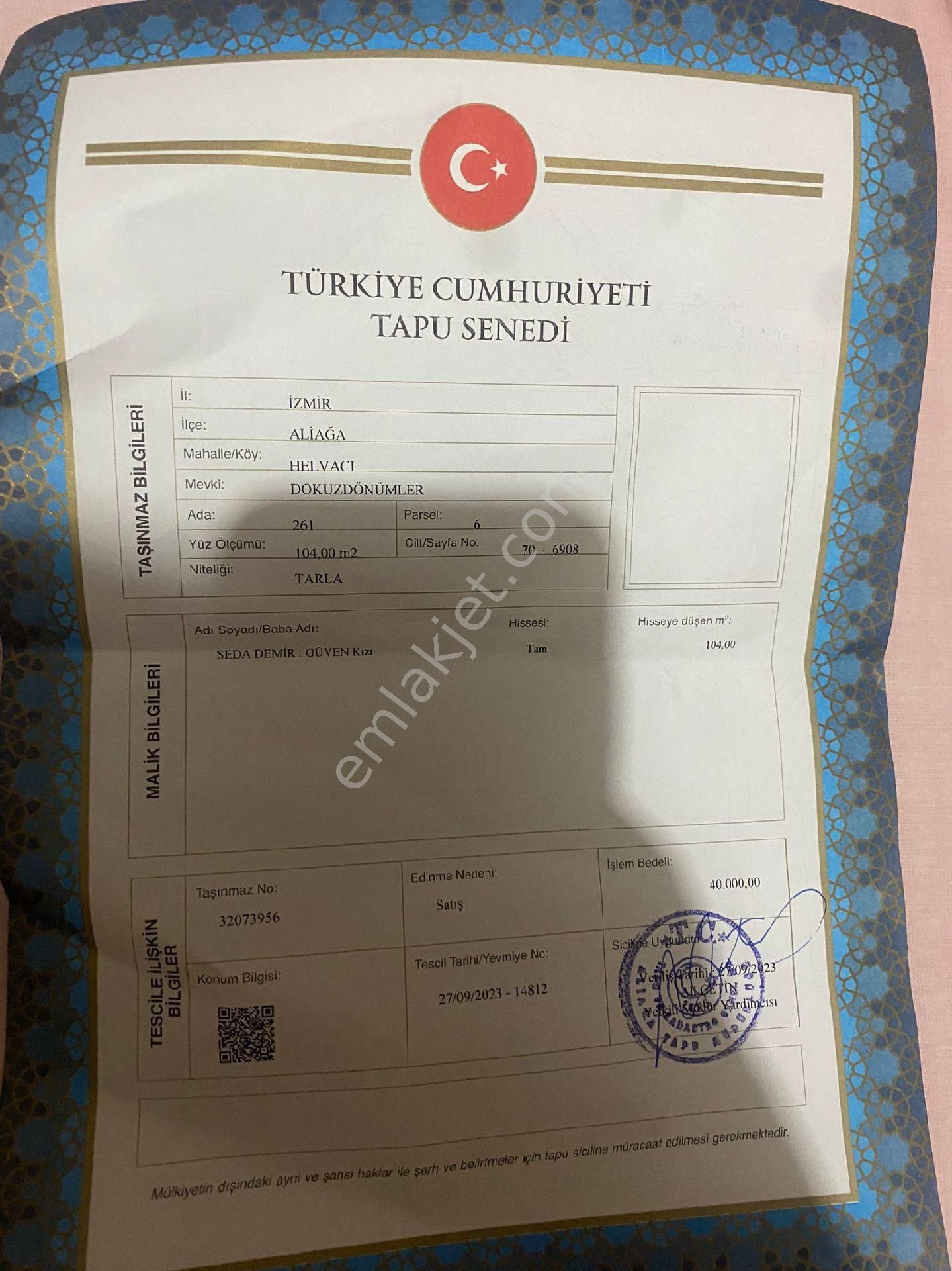 Menemen Hatundere Satılık Tarla Helvacı Köyünde Satılık Tarla 104 Metrekare