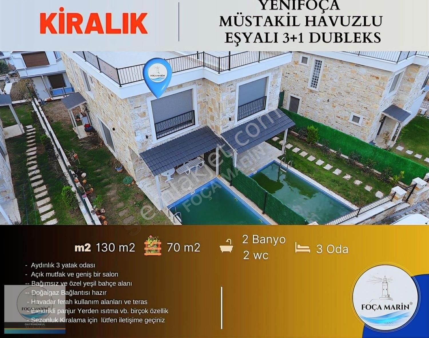 Foça Mustafa Kemal Atatürk Kiralık Daire YENİFOÇA MÜSTAKİL HAVUZLU EŞYALI KİRALIK 3+1 DUBLEKS