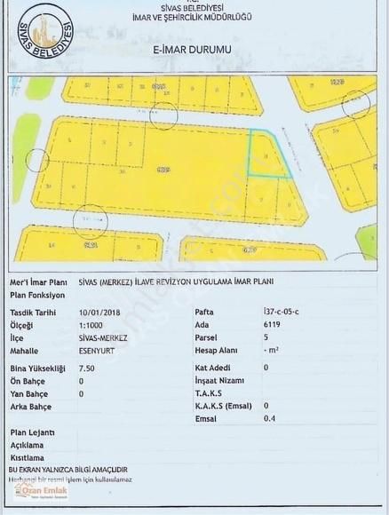 Sivas Merkez Esenyurt Satılık Villa İmarlı SİVAS OZAN EMLAK'tan ANA YOL ÜZERİ SATILIK 1100 m² VİLLA ARSASI