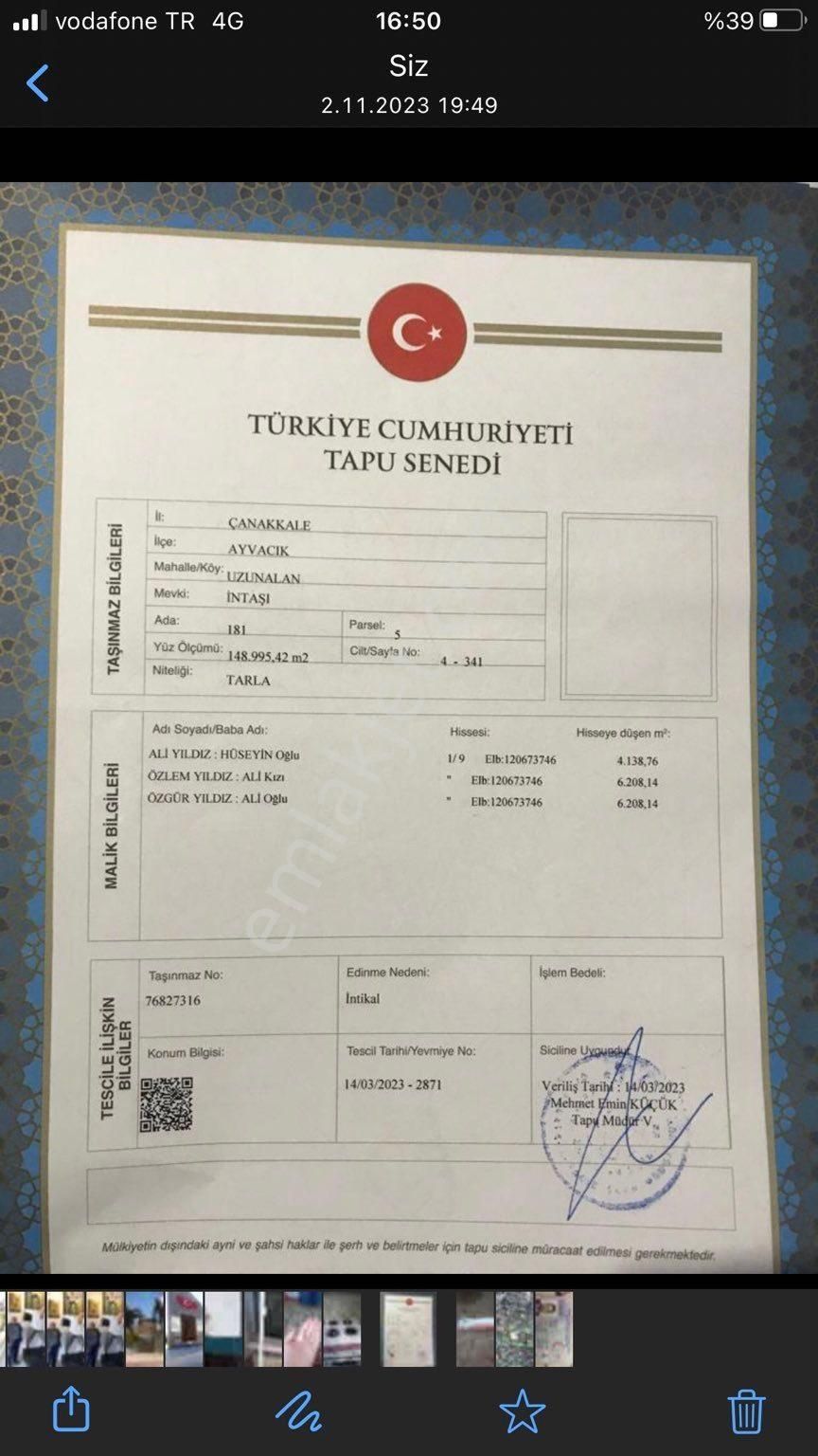 Ayvacık Uzunalan Köyü Satılık Tarla Hisseli Tarla