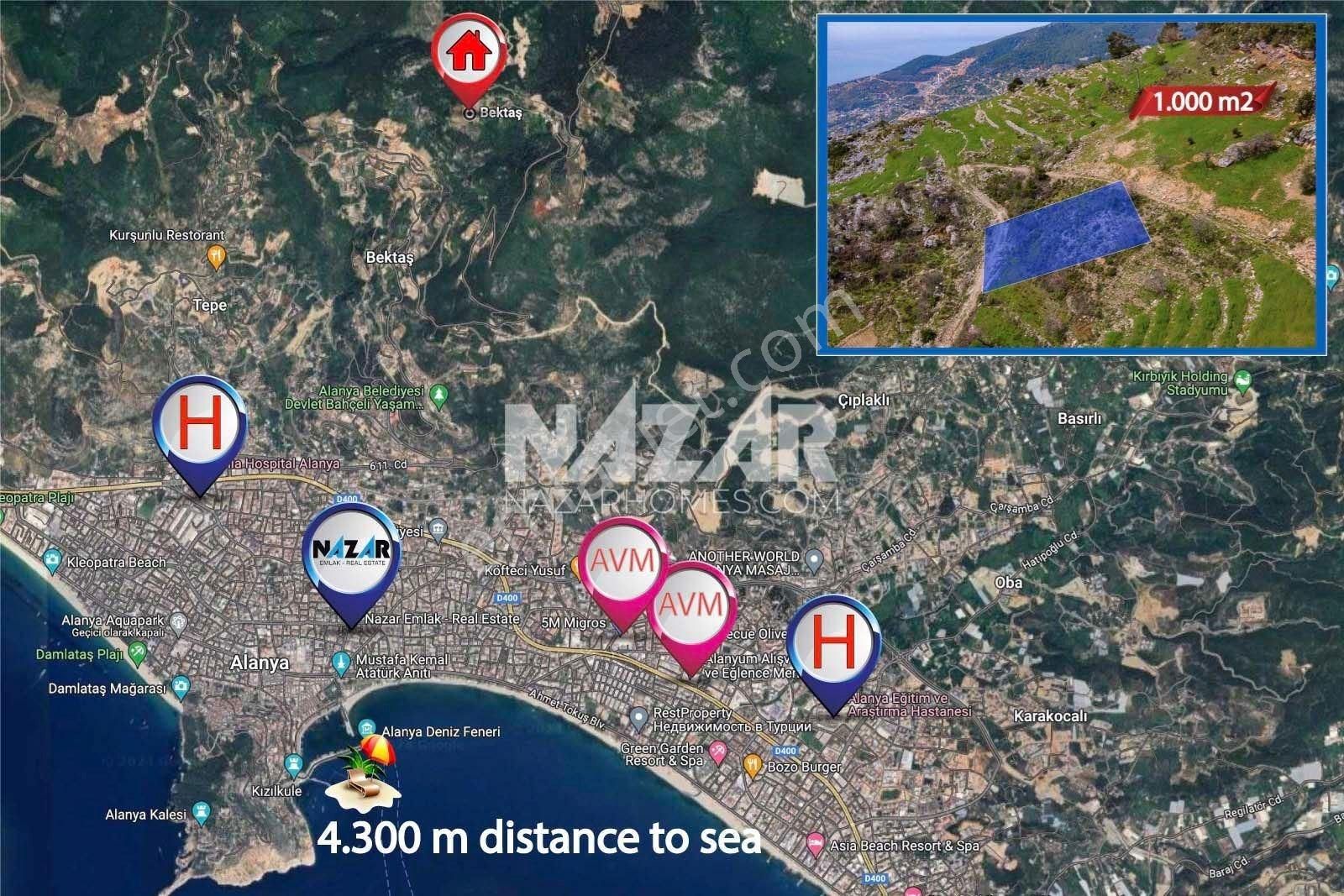 Alanya Bektaş’ta Satılık 1.000 M2 İmarlı Arsa