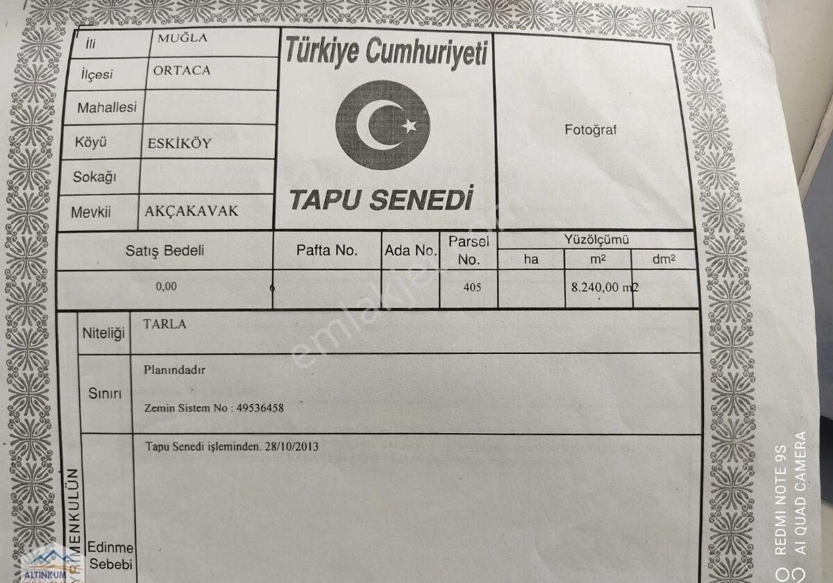 Muğla Satılık Tarla 8240 M2 Göle Yakın Yatırımlık