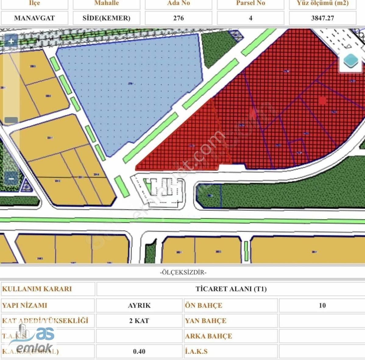 Manavgat Side Satılık Ticari İmarlı SİDE KEMER YOLUN ÜZERİNDE KÖŞE BAŞI TİCARİ ARSA 3.850M2