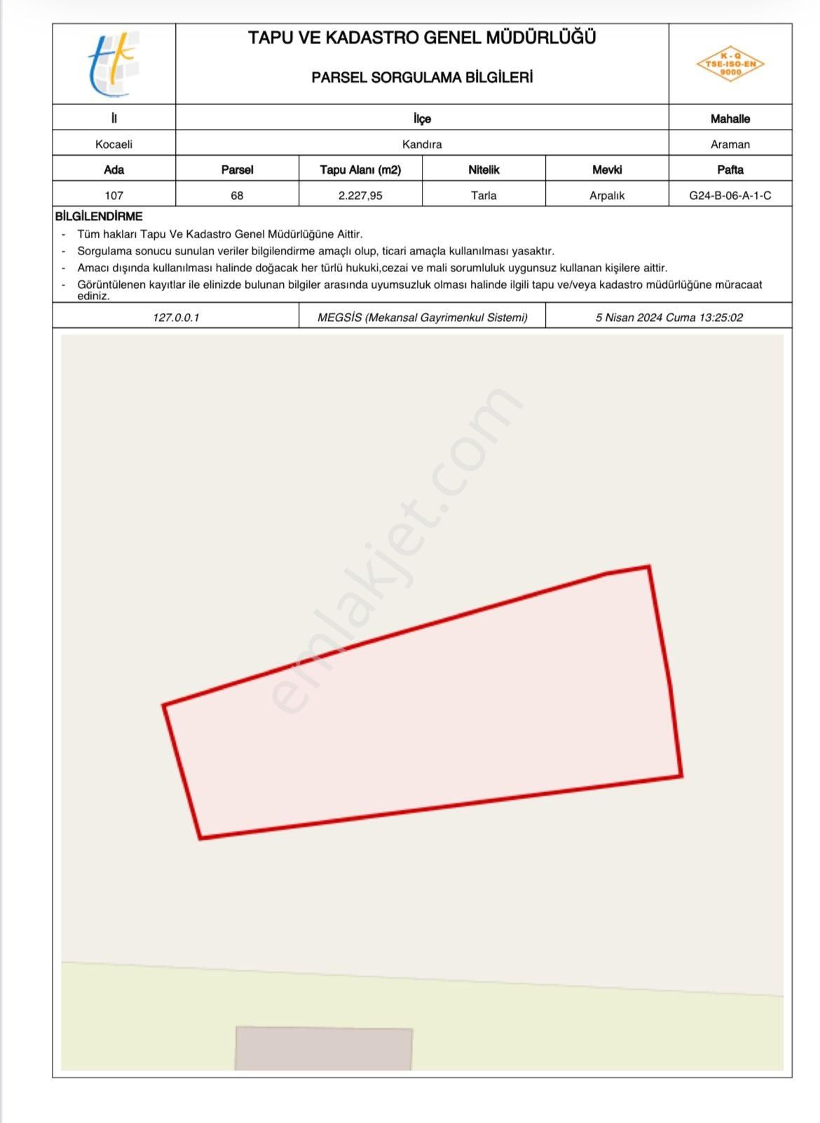 Kandıra Kaymaz Satılık Tarla Kandıra Kaymaz Mah 2.227 M2