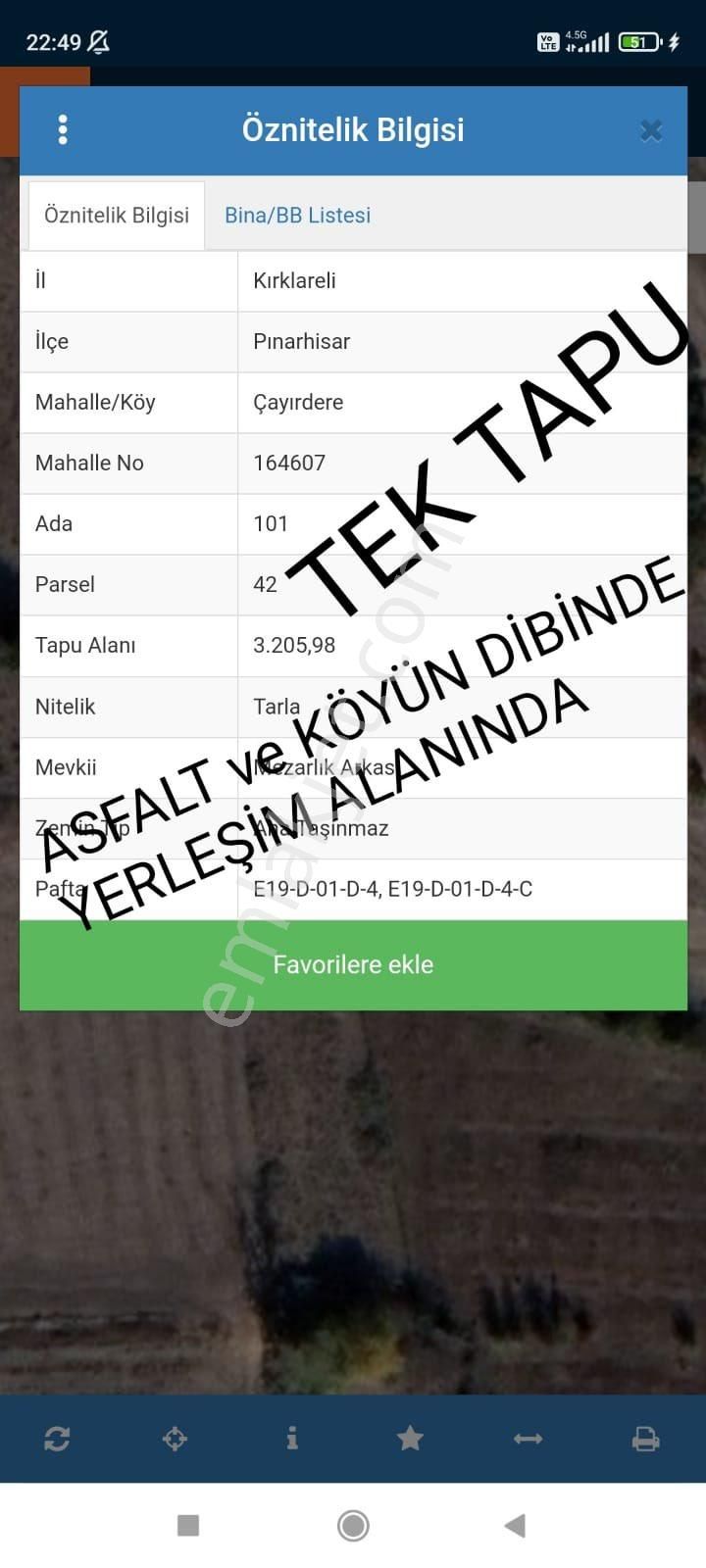 Pınarhisar Çayırdere Köyü Satılık Tarla TEK TAPU 3 DÖNÜM UYGUN