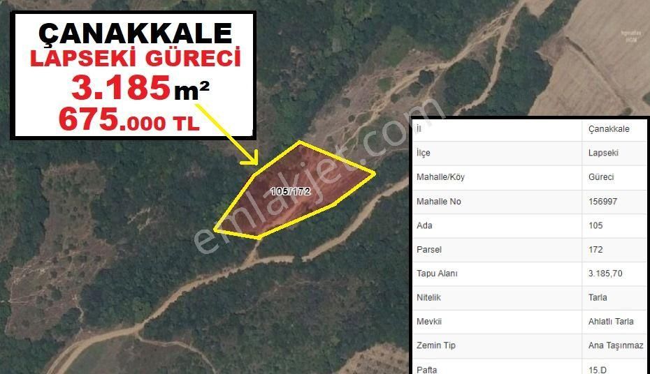 Lapseki Güreci Köyü Satılık Tarla Çanakkale Lapseki Güreci Kamu Arazisine Komşu 3.185 M2 Arazi