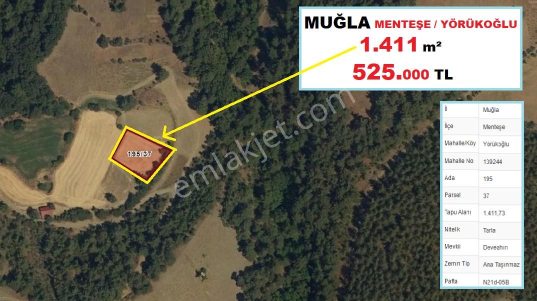 Menteşe Yörükoğlu Satılık Tarla Muğla Menteşe Yörükoğlu 1.411 m2