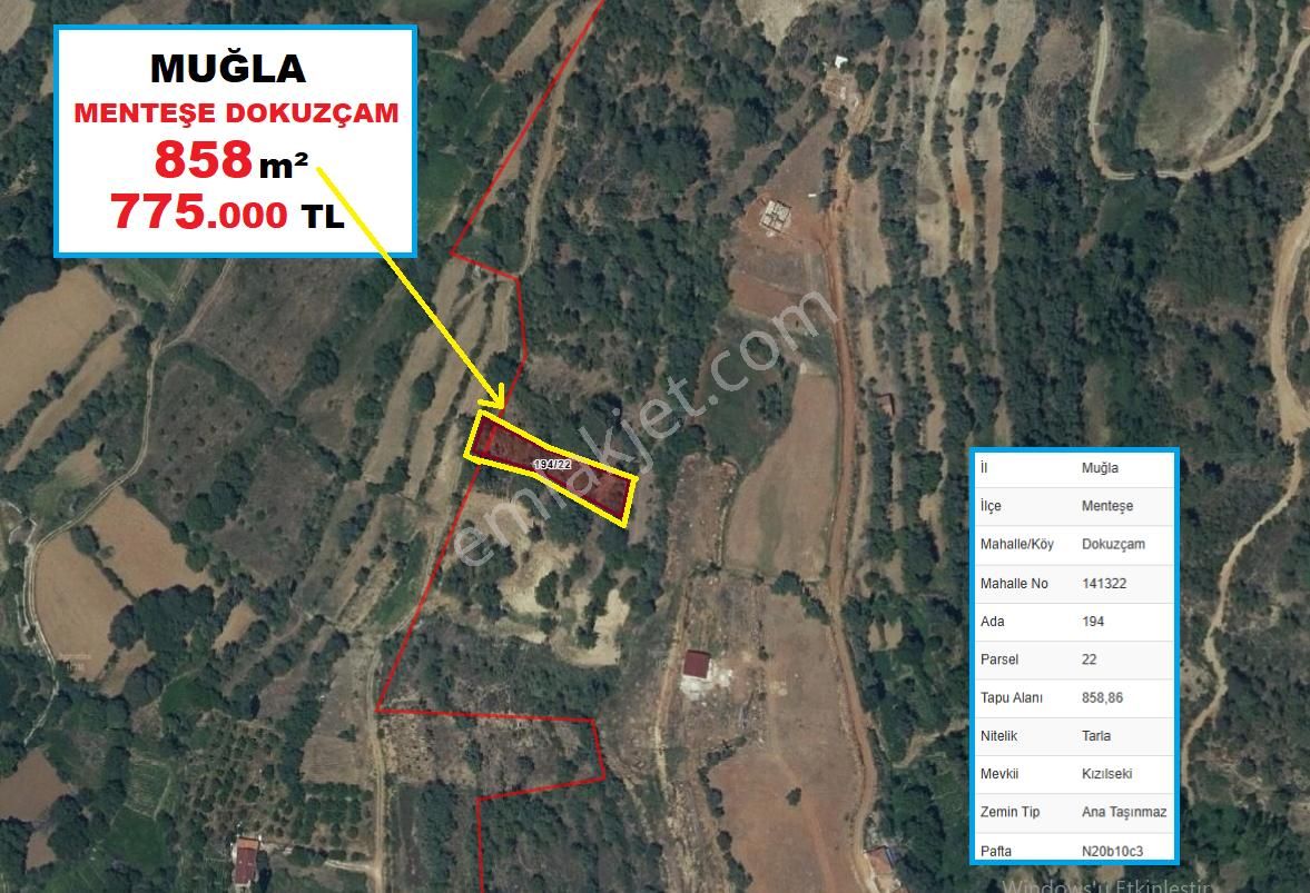 Menteşe Dokuzçam Satılık Tarla Muğla Menteşe Dokuzçam 858 m2 Arazi