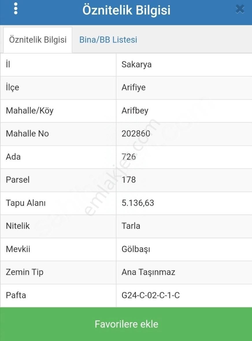 Sakarya Arifiye Satılık Sit Alanı SAKARYA ARİFİYE ARİFBEY MAH.SATILIK TARLA