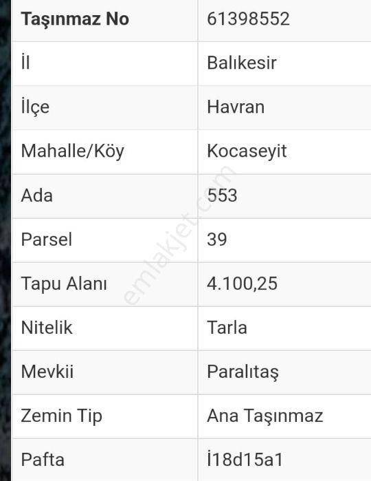 Havran Kocaseyit Satılık Tarla HAVRAN KOCASEYİTTE SATILIK MÜSTAKİL ARSA 