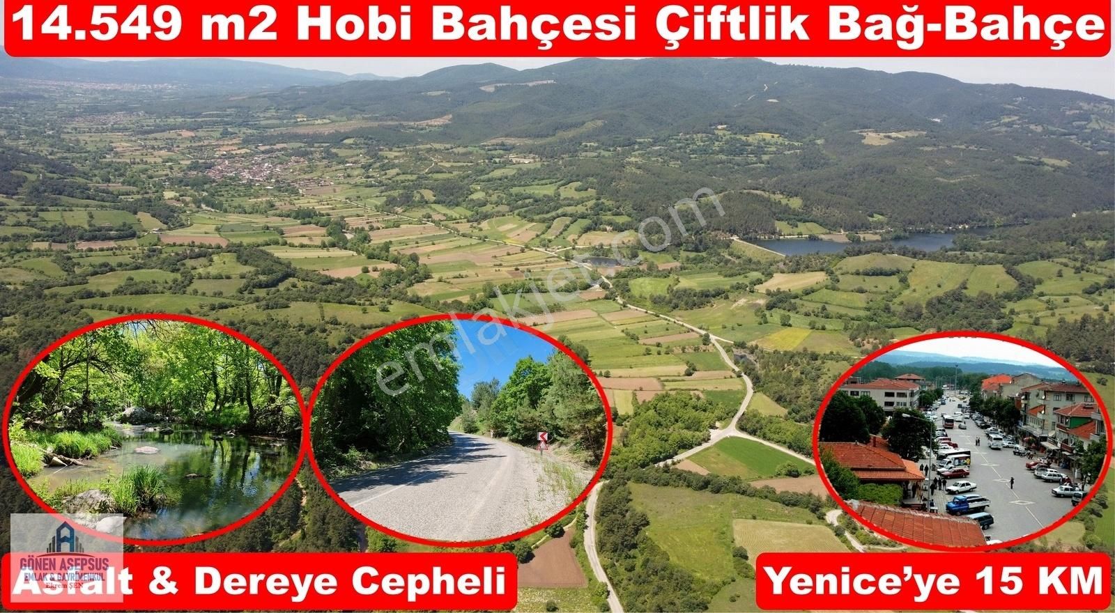 Yenice Güzeloba Köyü Satılık Tarla 14.549 m2 Hobi Bahçesi Çiftlik Bağ-Bahçe Asfalt & Dereye Cepheli