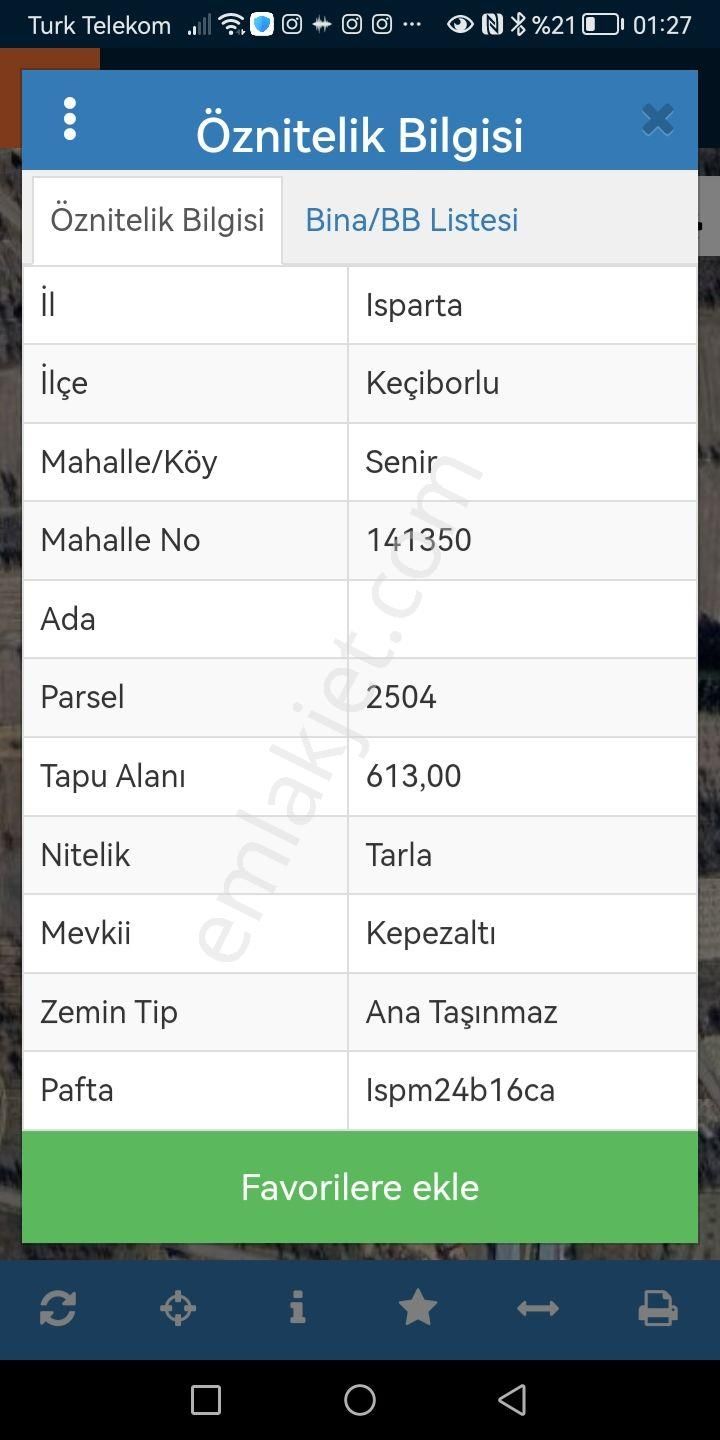 Keçiborlu Senir Bld. (Cumhuriyet) Satılık Tarla  ISPARTA SENIR KASABASI YERLEŞİME YAKIN  BADEM BAHÇESİ KADASTRAL YOL KENARI