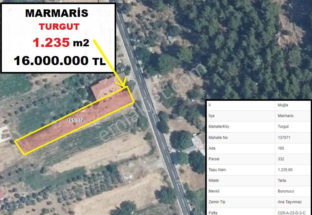 Marmaris Turgut Satılık Tarla  TurgutKöy'de Marmaris-Selimiye Anayola Sıfır 1.235m2 Kupon Arazi