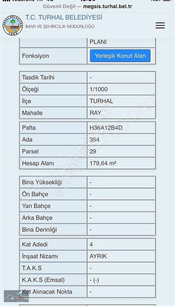 Turhal Ray Satılık Konut İmarlı Ören Yapı 180 m2 arsa 4 kat imarlı