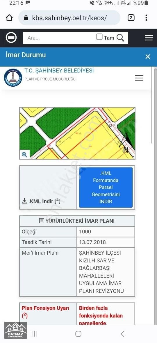 Şahinbey Küçükkızılhisar Satılık Villa İmarlı ŞAHİNBEY KIZILHİSAR DA TEK TAPU KUPON ARSA HAM A2 PARSEL