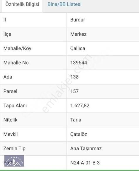 Burdur Merkez Çallıca Köyü (Ova) Satılık Tarla BURDUR MERKEZ ÇALLICA SATILIK TARLA