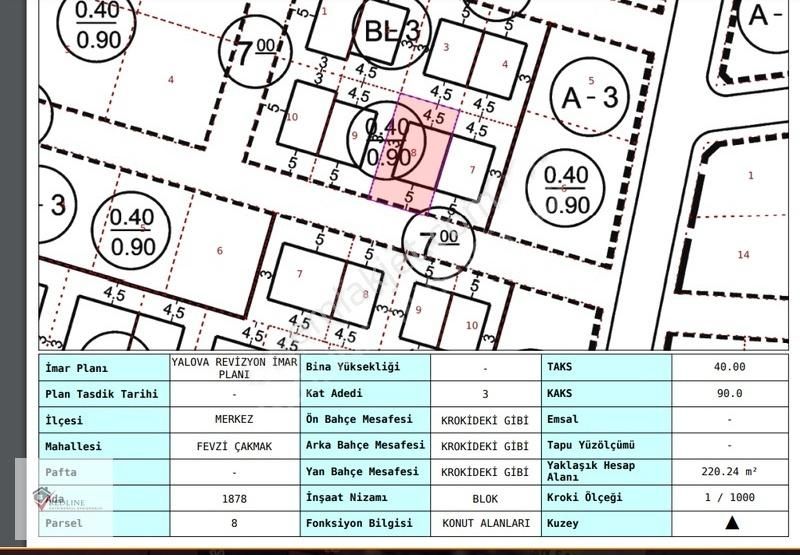 Yalova Merkez Bayraktepe Satılık Konut İmarlı Redline'dan YALOVA MERKEZ DE SATILIK 3 KAT İMARLI 220M2 ARSA