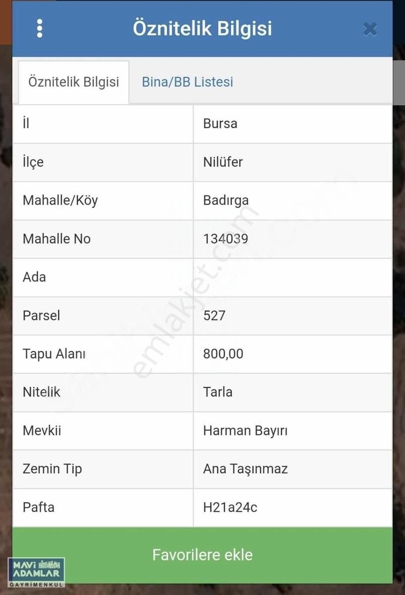 Nilüfer Badırga Satılık Tarla BADIRGA'DA KONUT İMAR PLANINDA 800 m² KUPON ARAZİ