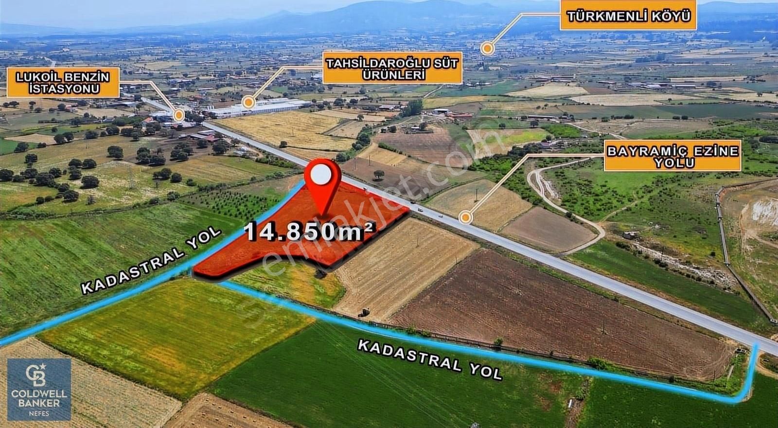 Bayramiç Türkmenli Köyü (Nizam) Satılık Tarla ÇANAKKALE EZİNE BAYRAMİÇ YOLU ÜZERİNDE 14,850 m²﻿ SATILIK ARAZİ