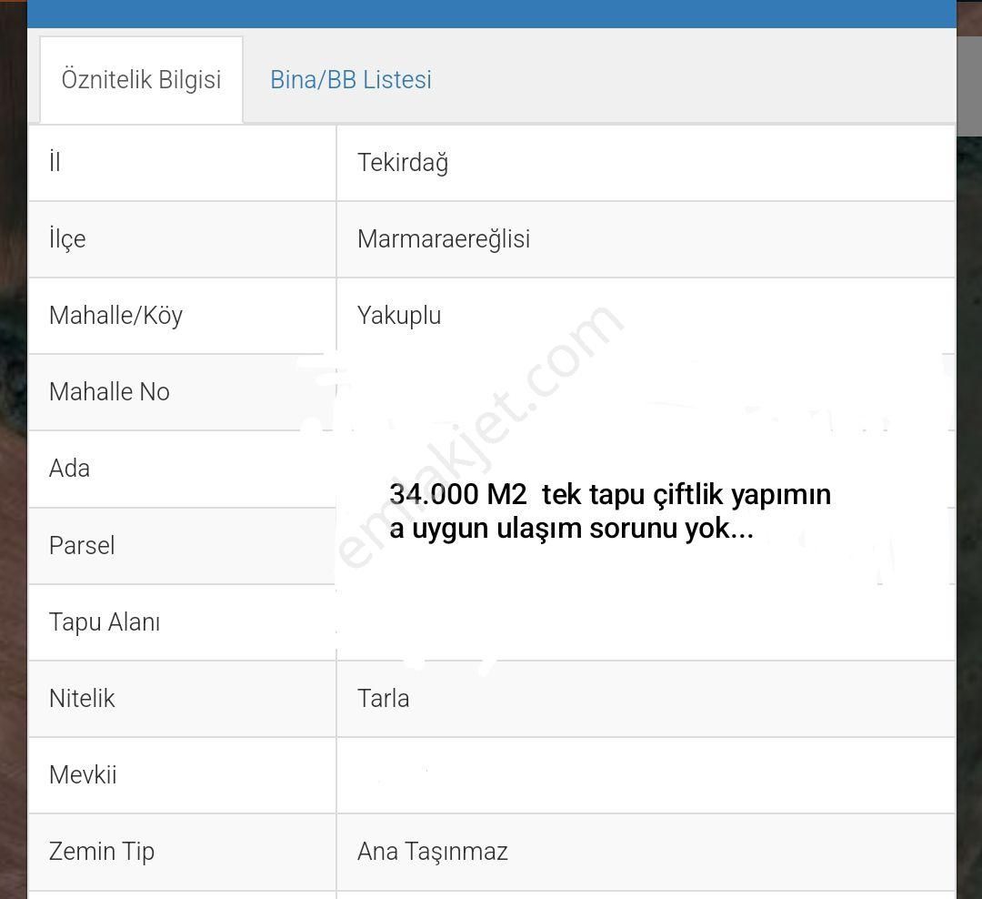 Marmaraereğlisi Yakuplu Satılık Tarla 34 Bin M2 Satılık Tarla