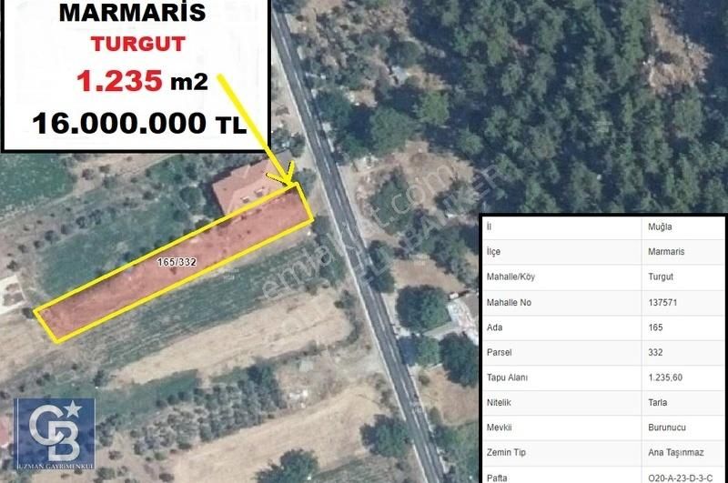 Marmaris Turgut Satılık Tarla TurgutKöy'de Marmaris-Selimiye Anayola Sıfır 1.235m2 Kupon Arazi