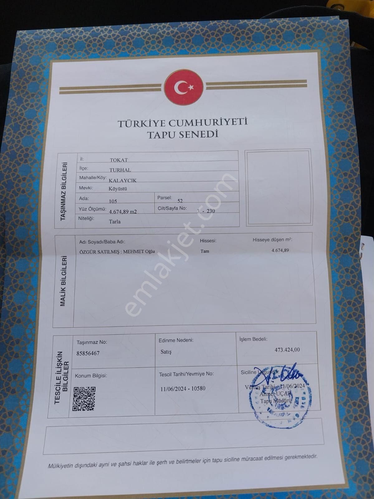 Turhal Kalaycık Köyü Satılık Tarla Tokat merkezde kalaycik köyünde satlik 2 parsel 9 dönum tarla