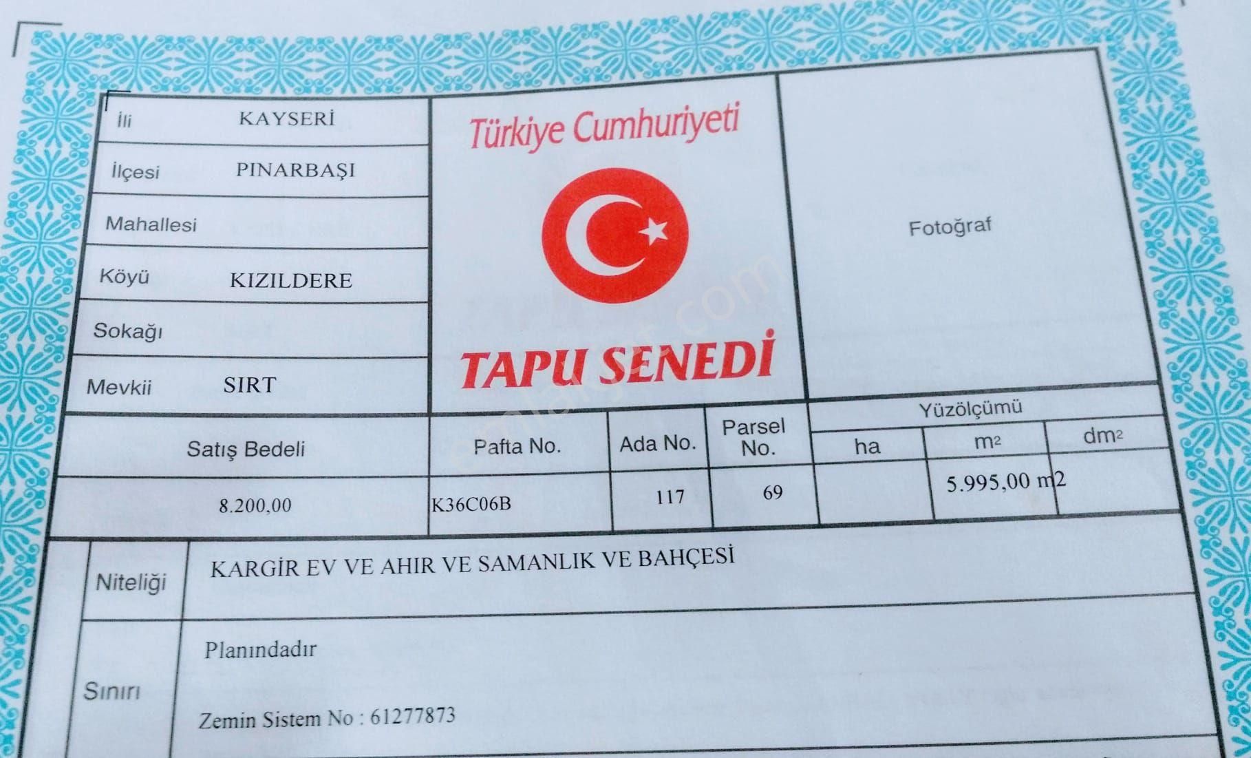 Pınarbaşı Kızıldere Satılık Tarla Kayseri satılık 