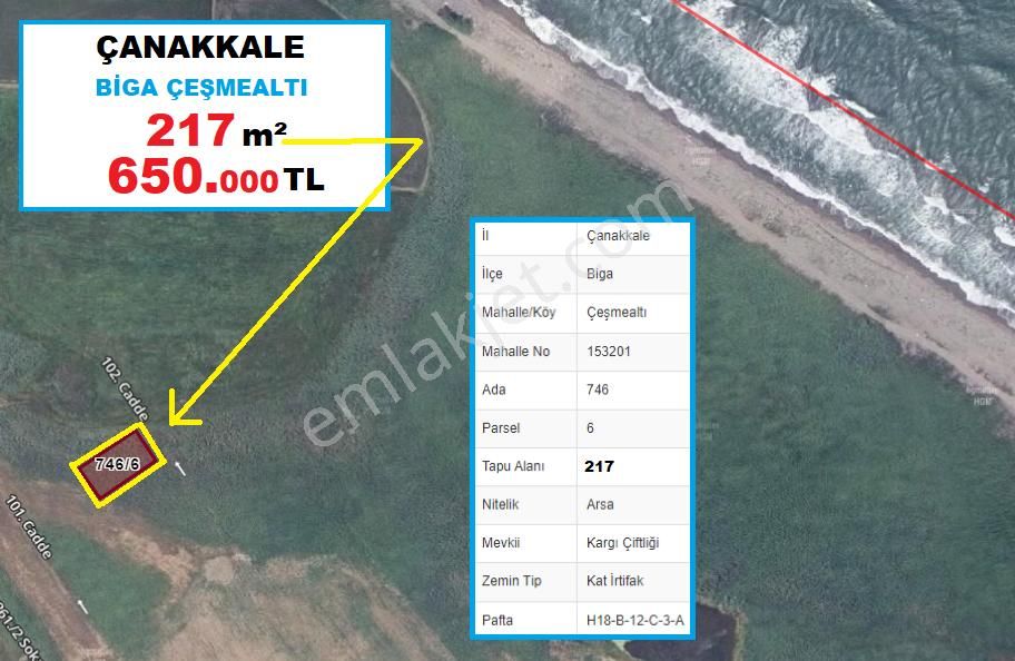 Biga Çeşmealtı Köyü Satılık Villa İmarlı  Çanakkale Biga Çeşmealtı Köyü 217 M2 Satılık İmarlı Arsa