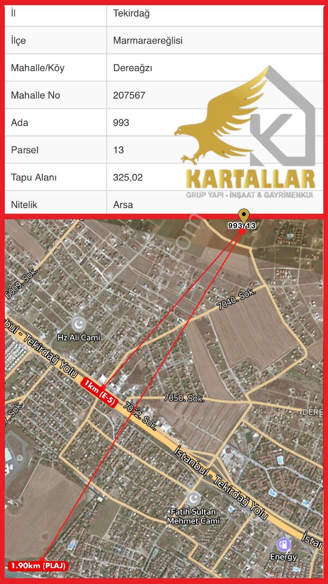 Marmaraereğlisi Dereağzı Satılık Villa İmarlı KARTALLARDAN DENİZ MANZARALI GÜNEY CEPHE İMARLI MÜSTAKİL VİLLA ARSASI 