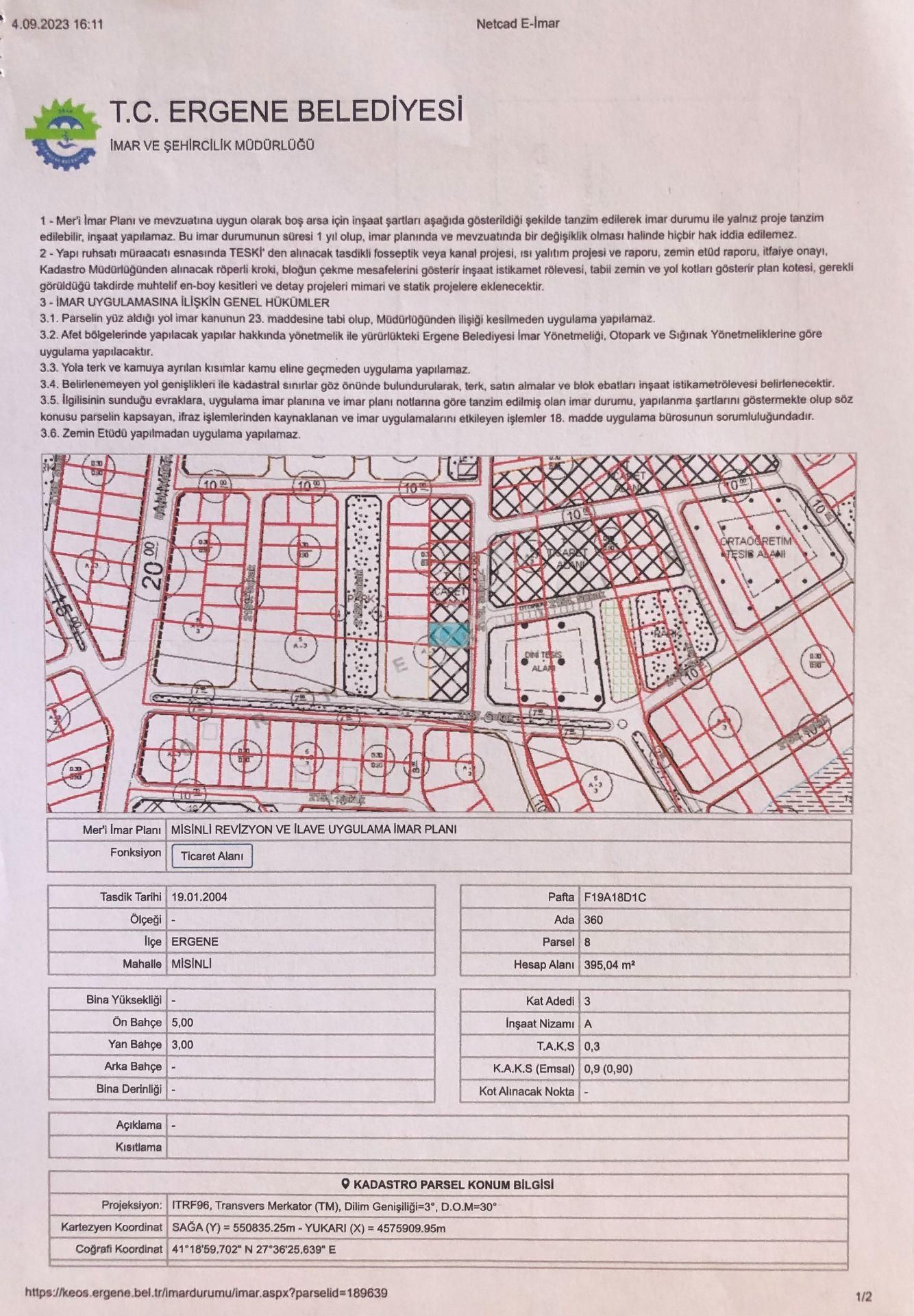 Ergene Misinli Satılık Ticari İmarlı  TEKİRDAĞ ERGENE MİSİNLİ DE YERLEŞİME YAKIN İMARLI İFRAZLI ARSA