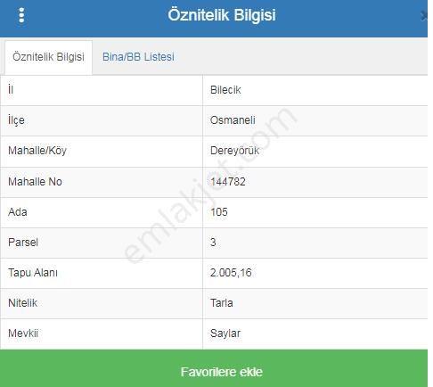 Osmaneli Dereyörük Köyü Satılık Tarla  BİLECİK OSMANELİ DEREYÖRÜK KÖYÜ SATILIK TARLA