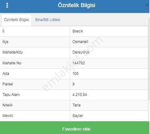 Osmaneli Dereyörük Köyü Satılık Tarla  BİLECİK OSMANELİ DEREYÖRÜK KÖYÜ SATILIK TARLA