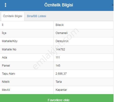 Osmaneli Dereyörük Köyü Satılık Tarla  AKYALI EMLAK GÜVENCESİ İLE BİLECİK ORHANELİ DEREYÖRÜK KÖYÜNDE SATILIK TARLA