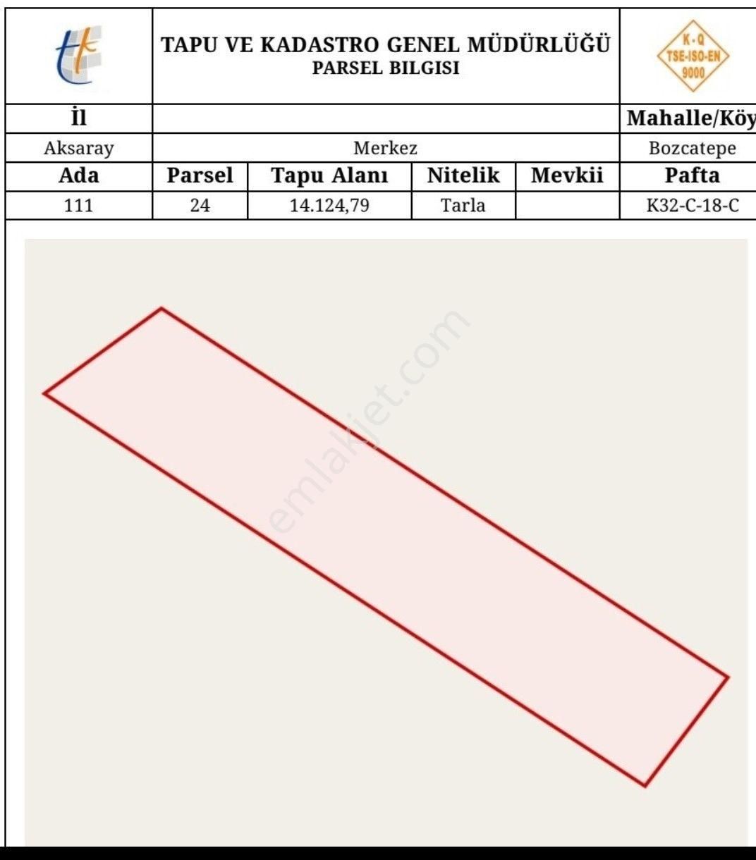 Aksaray Merkez Bozcatepe Köyü Satılık Tarla SAHİBİNDEN FIRSAT YATIRIMLIK TARLA  