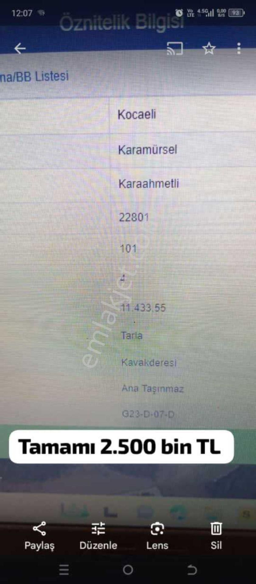 Karamürsel Karaahmetli Satılık Tarla Kocaeli Karamürsel karaahmetli de 11.433 m tek tapu 