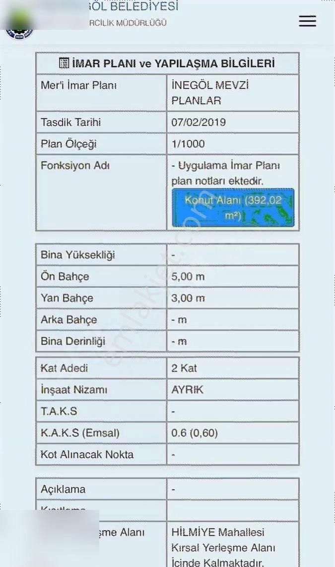 İnegöl Hilmiye Satılık Konut İmarlı HİLMİYE KÖYÜNDE VİLLALIK ARSA