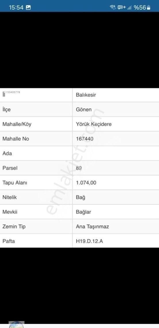 Gönen Yürükkeçidere Satılık Bağ & Bahçe Acil Satılık Gönen Merkeze 10 Dk Mesafede 1,074 m2 Bahçe