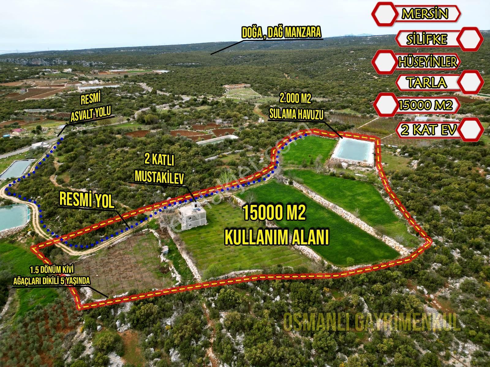 Silifke Hüseyinler Satılık Konut İmarlı  MÜSTAKİL TARLA 15000 M2 KULLANIM ALANI VE 2 KATLI SATILIK  EV